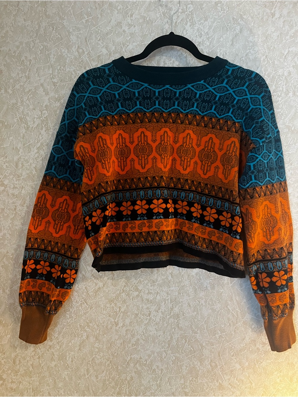 Colorblock Cropped Crewneck Sweater in Teal & Orange